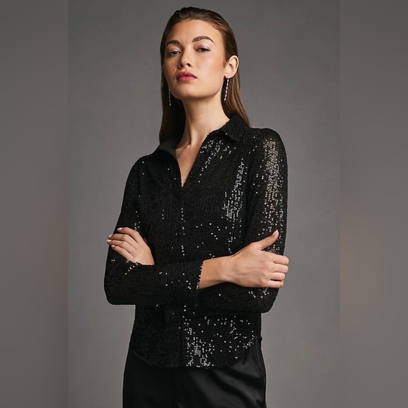 Anthropologie Sunday in Brooklyn Black Sequins Buttondown Long Sleeve Blouse S - Picture 6 of 6